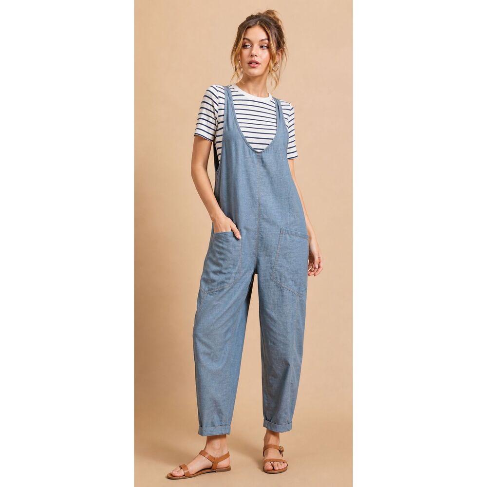 New GIGIO M 8 10 Blue Cotton Chambray Jumpsuit Front Pockets Adjustable Straps